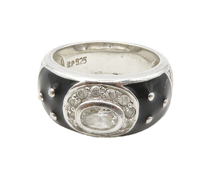 925 Sterling Silver  Topaz & Black Enamel Shiny Band Ring Sz 8  RG15215