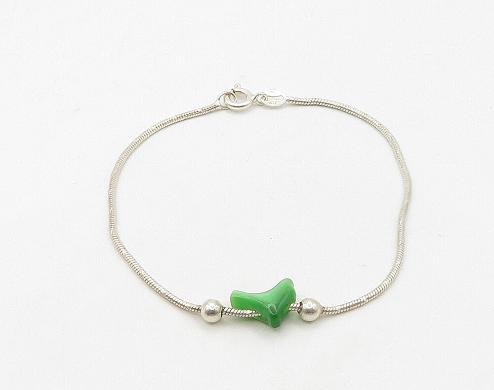 925 Sterling Silver  Green Stone Dolphin Charmed Snake Chain Bracelet  BT6363