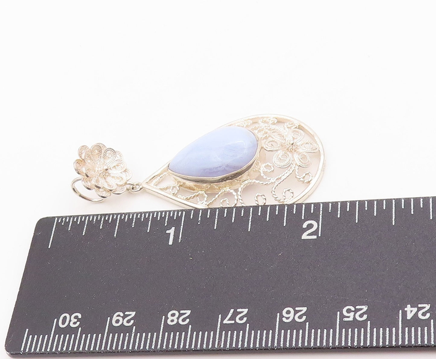 925 Sterling Silver Vintage Pendant Drop Shape Gemstone Swirly Wire Work PT24354
