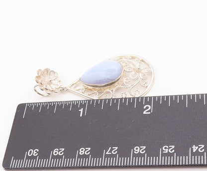 925 Sterling Silver Vintage Pendant Drop Shape Gemstone Swirly Wire Work PT24354