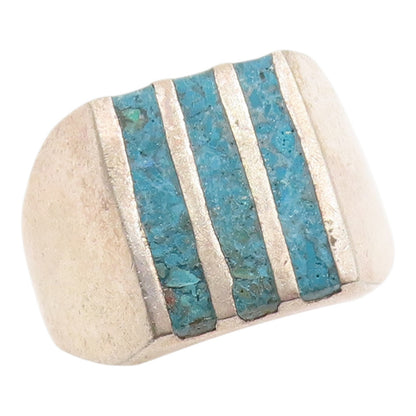 925 Sterling Silver Vintage Ring MEXICO Crushed Turquoise Inlay Sz 12.5 RG36261