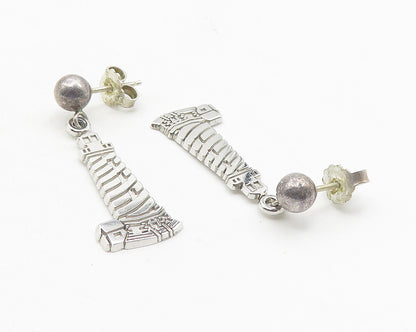 925 Sterling Silver  Vintage Shiny Lighthouse Motif Dangle Earrings  EG5974