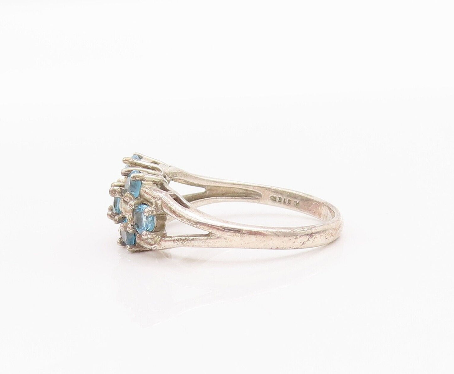 925 Sterling Silver Vintage Ring Carved Blue Round Cut CZ Beaded  Sz 8  RG28292