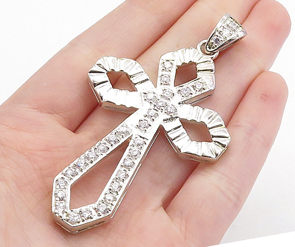 925 Sterling Silver  Vintage Cubic Zirconia Religious Cross Pendant  PT5177