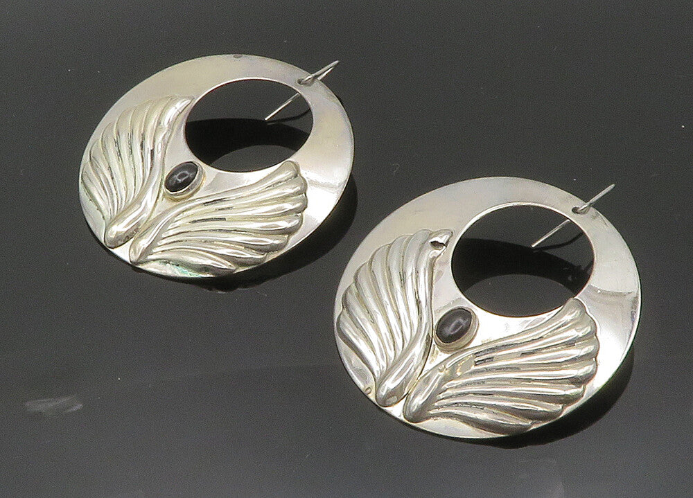 925 Silver  Vintage Black Onyx Angel Wings Round Heavy Drop Earrings  EG10008