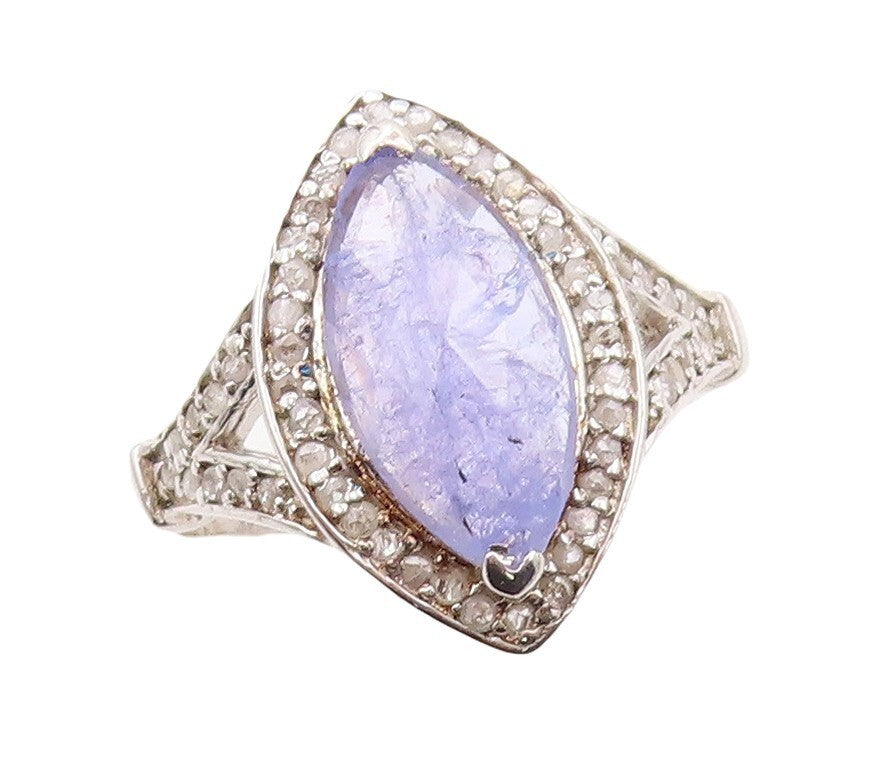 925 Sterling Silver Vintage Ring Diamonds & Marquise Cut Tanzanite  Sz 8 RG30283