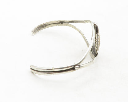 NAVAJO 925 Sterling Silver Vintage Mother Of Pearl Floral Cuff Bracelet  BT4853