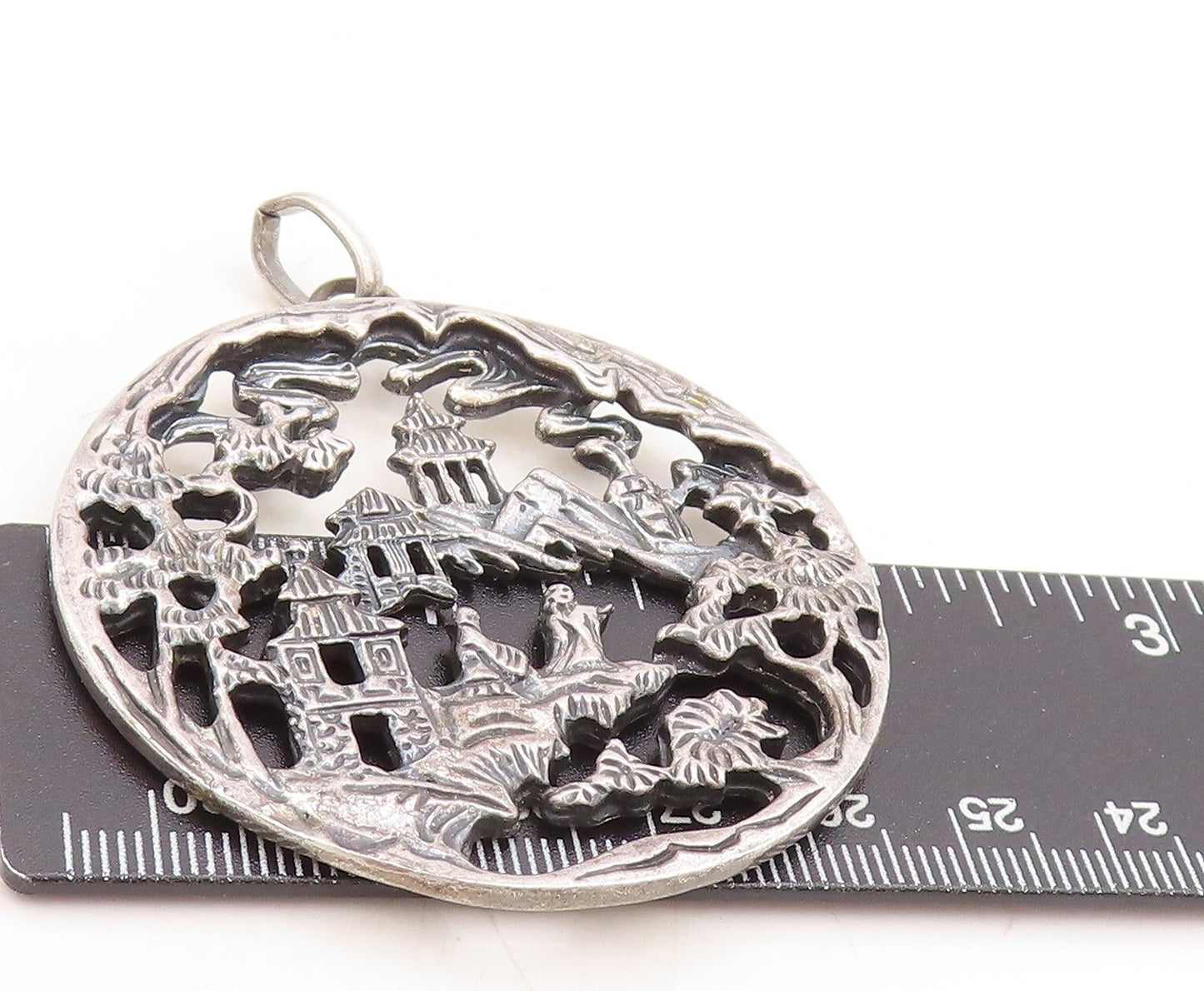 925 Sterling Silver Vintage Pendant NAPIER Dark Tone Village Landscape  PT23841