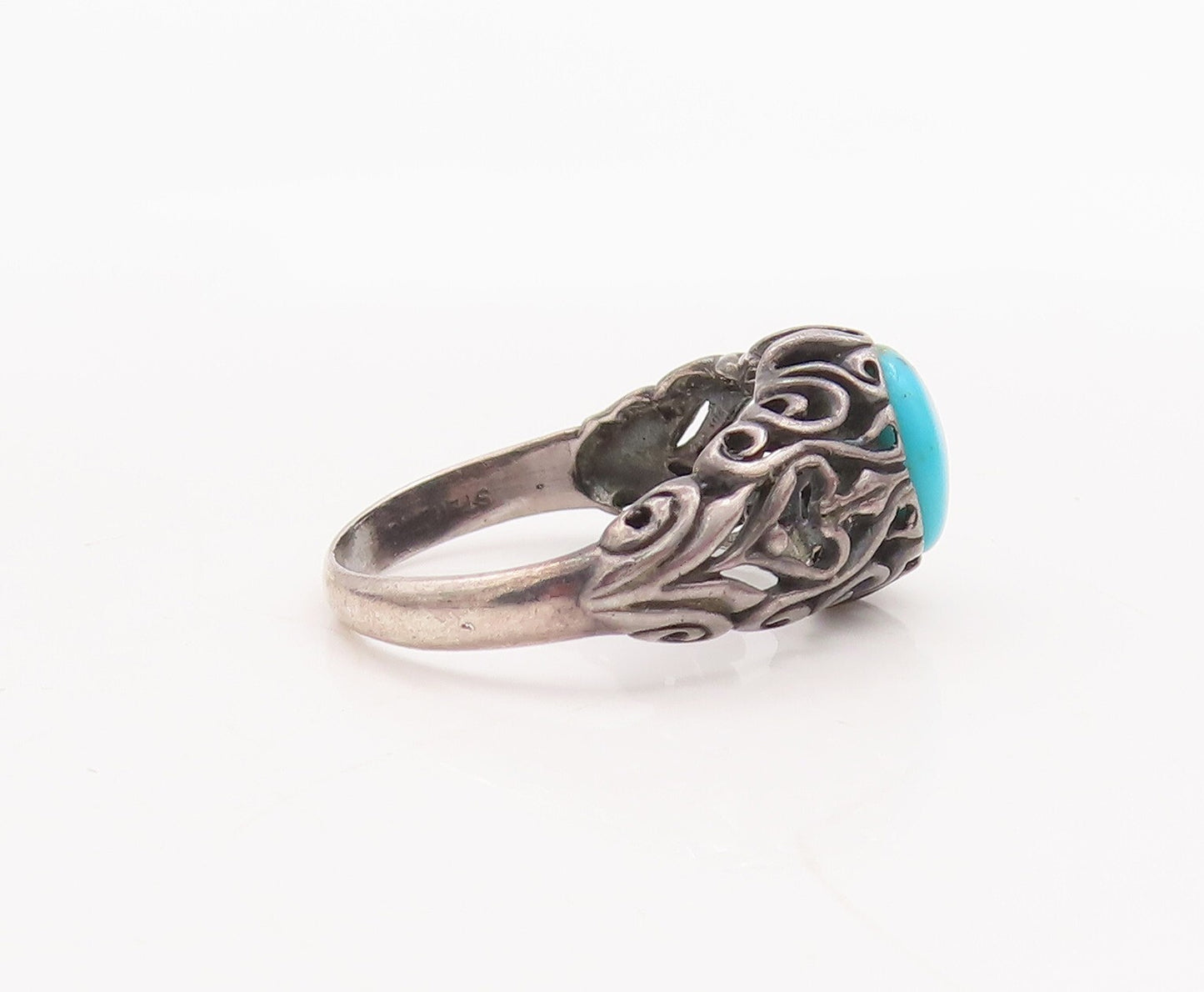 925 Sterling Silver Vintage Ring Swirly Carved Oval Turquoise  Sz 6  RG29064