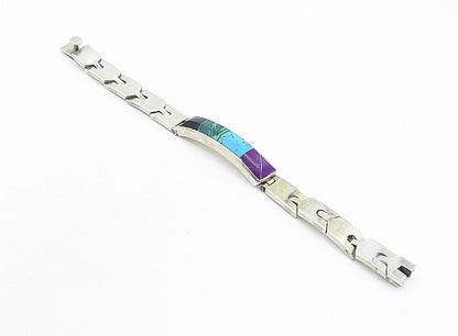 MEXICO 925 Silver  Vintage Malachite Onyx Turquoise & Sugilite Bracelet BT1936