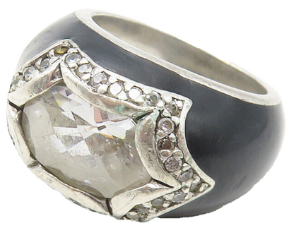 925 Sterling Silver  Vintage Cubic Zirconia & Enamel Band Ring Sz 6  RG11178