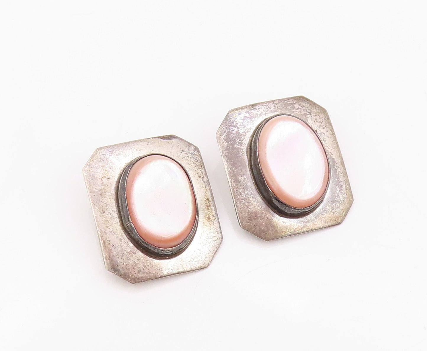 925 Sterling Silver Vintage Earrings Oval Pink Mother Of Pearls Inlay  EG13351