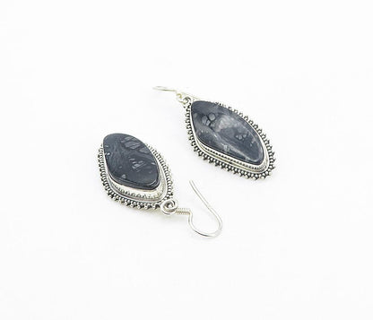 925 Sterling Silver  Vintage Black Jasper Bordered Dangle Earrings  EG3723