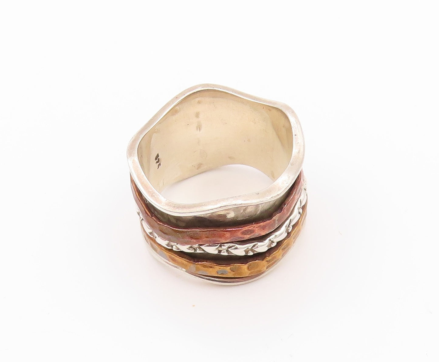 925 Sterling Silver Vintage Ring Brutalist Carved Spinning Rings SZ 8.5  RG32301