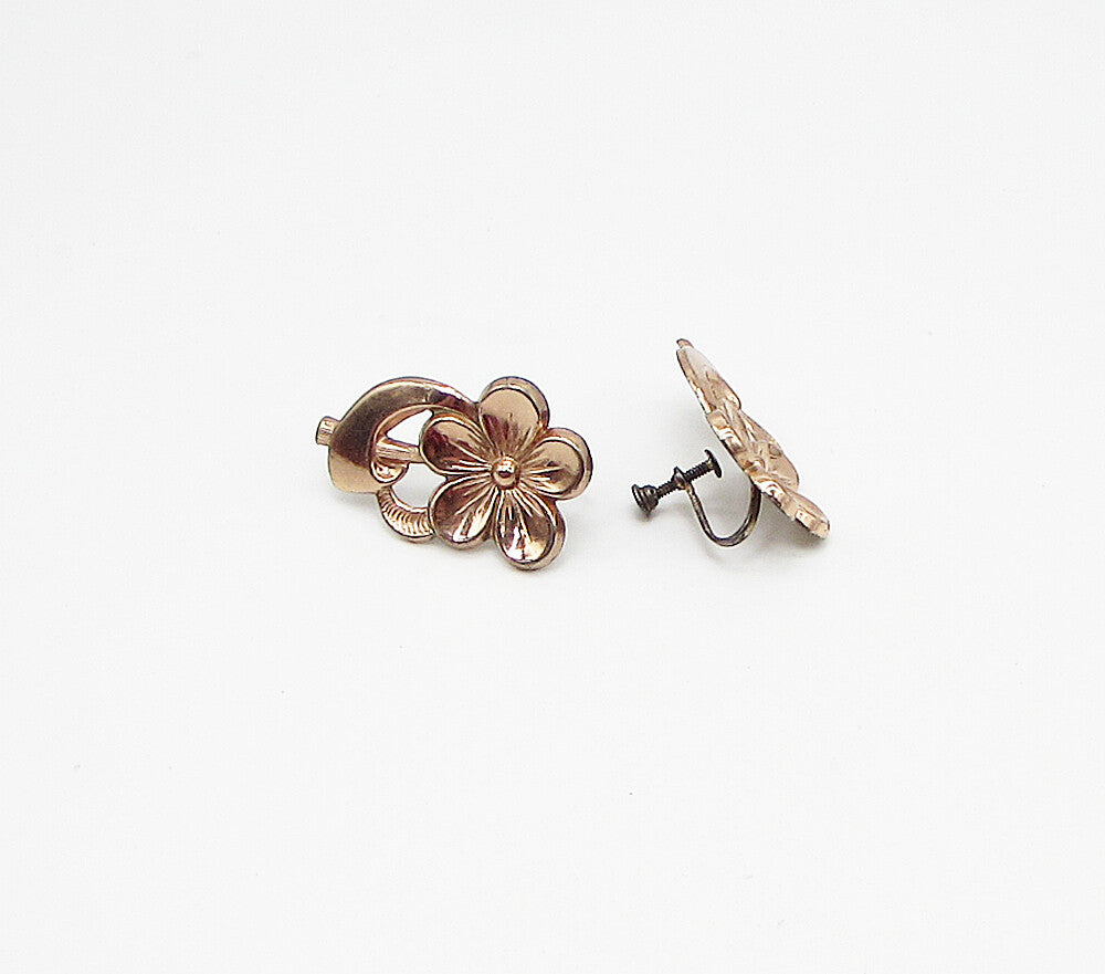 Rose Gold Over 925 Silver  Vintage Floral Non Pierced Screwback Earrings EG1983