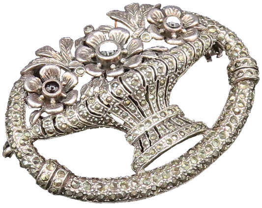 925 Silver  Vintage Black Onyx & Marcasite Flower Bouquet Brooch Pin  BP9717