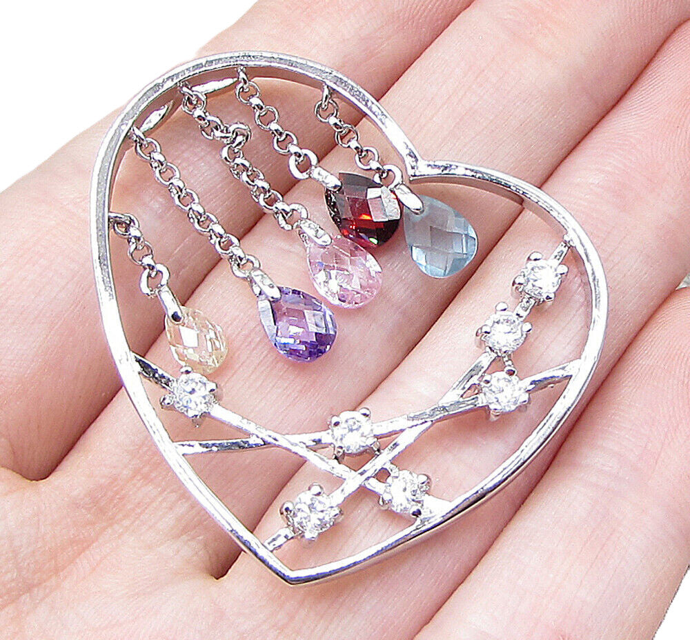 925 Silver Multi Colored Faceted Gemstones Love Heart Slider Pendant PT1413