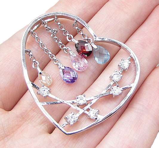 925 Silver Multi Colored Faceted Gemstones Love Heart Slider Pendant PT1413