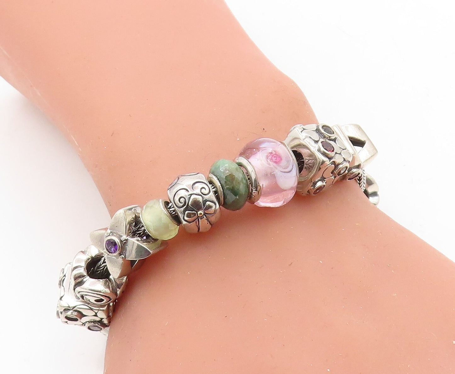 925 Sterling Silver & 18K GOLD Multi Gemstone Beaded Chain Bracelet BT3016