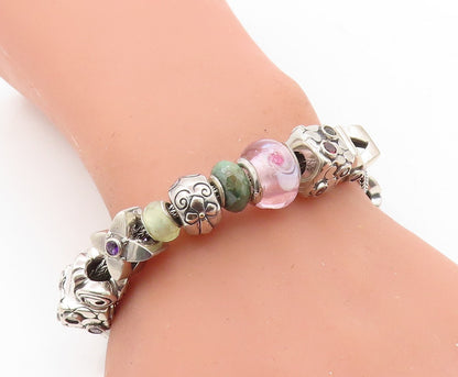 925 Sterling Silver & 18K GOLD Multi Gemstone Beaded Chain Bracelet BT3016