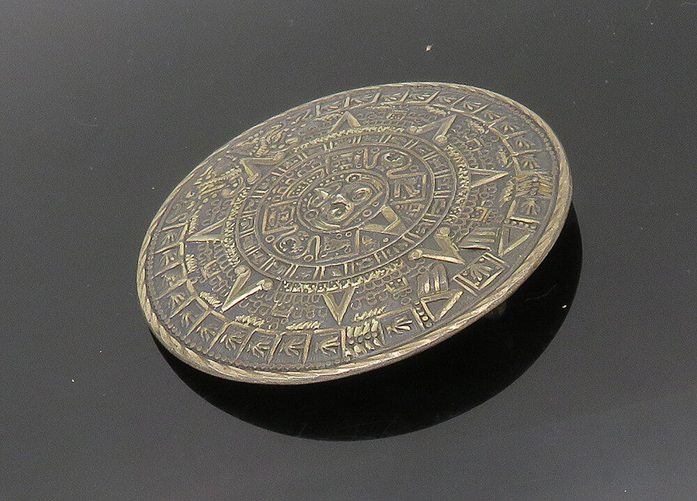 ADL MEXICO 925 Silver  Vintage Mayan Aztec Sun Calendar Brooch Pin  BP8082