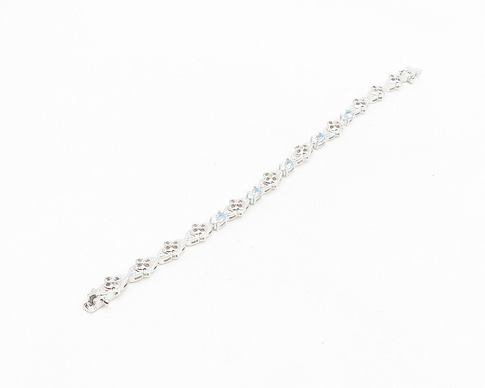 925 Sterling Silver  Genuine Diamond & Blue Topaz Floral Chain Bracelet BT7253
