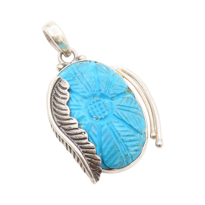 925 Sterling Silver Vintage Pendant Carved Turquoise Flower and Feather  PT24893