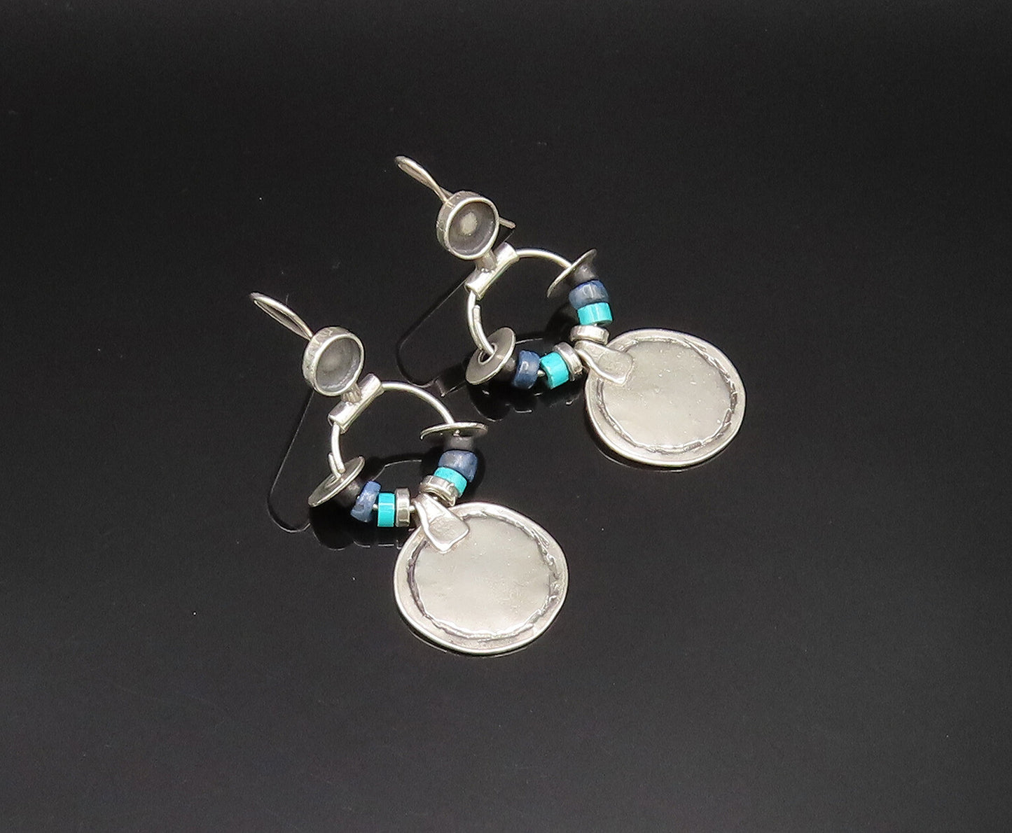 ISRAEL 925 Silver  Vintage Turquoise & Sodalite Beads Disc Earrings  EG11827