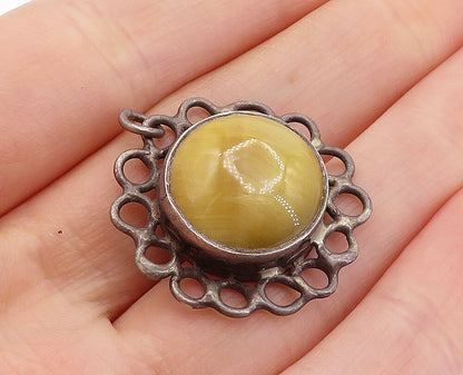 925 Sterling Silver  Vintage Cabochon Cut Tiger's Eye Floral Pendant  PT4722