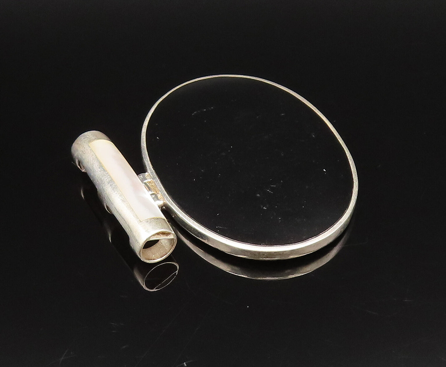 925 Sterling Silver  Vintage Oval Black Onyx With Bar Bail Pendant  PT21918