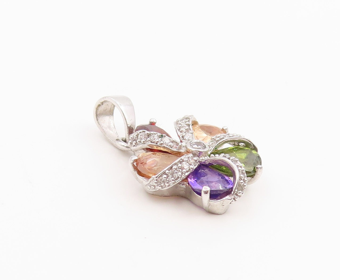 925 Sterling Silver Vintage Pendant Multi Gemstone Elegant Floral Charm  PT25969