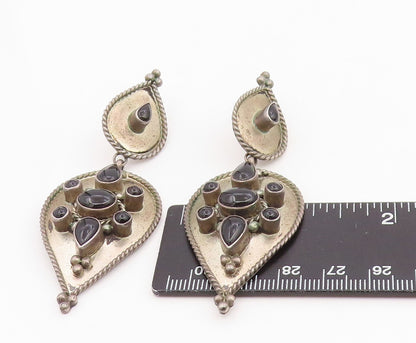 925 Sterling Silver Vintage Earrings Cabochon Onyx Floral Teardrop  EG14134