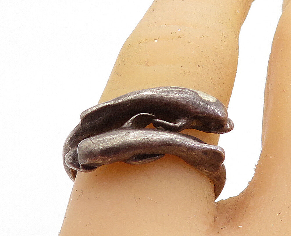 925 Sterling Silver  Vintage Oxidized Dolphin Bypass Band Ring Sz 8  RG6816