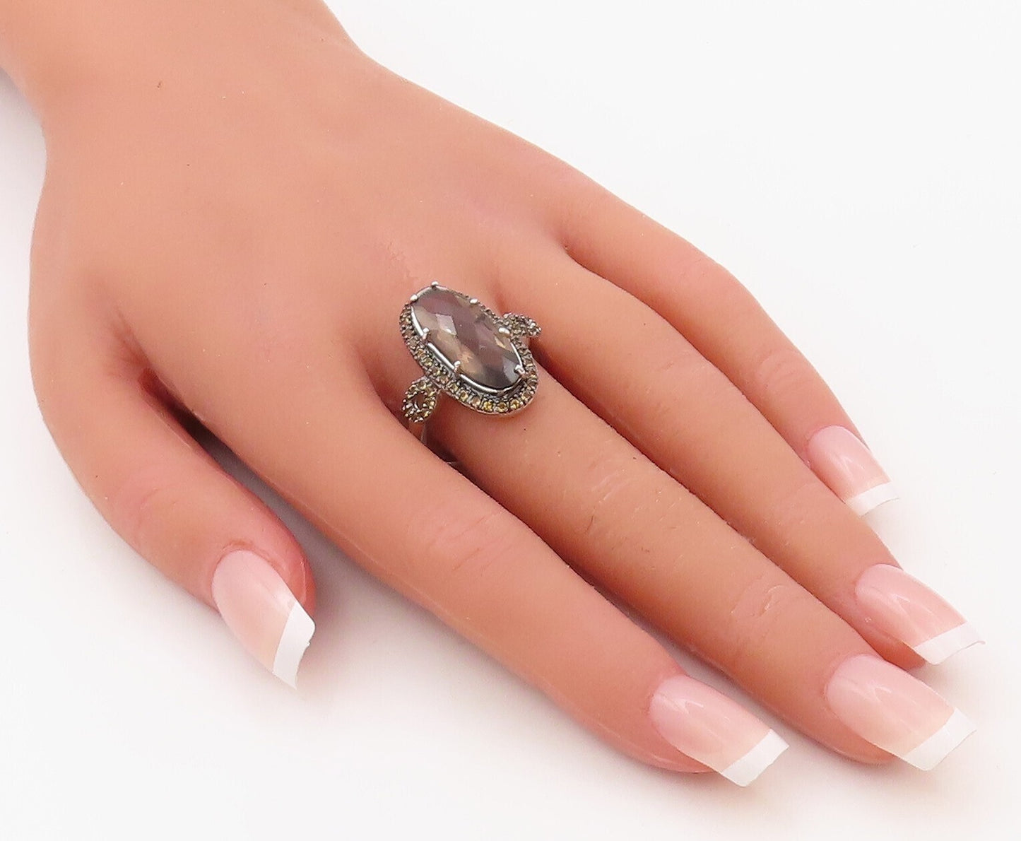 925 Sterling Silver Vintage Ring Oval Smoky Quartz Halo Citrine Sz 10.5  RG30762