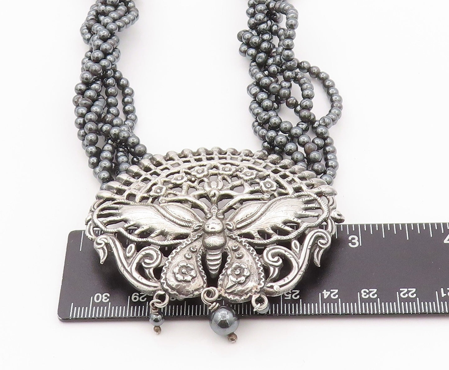 925 Sterling Silver Vintage Necklace Dark Tone Butterfly Hematite Bands  NE4483