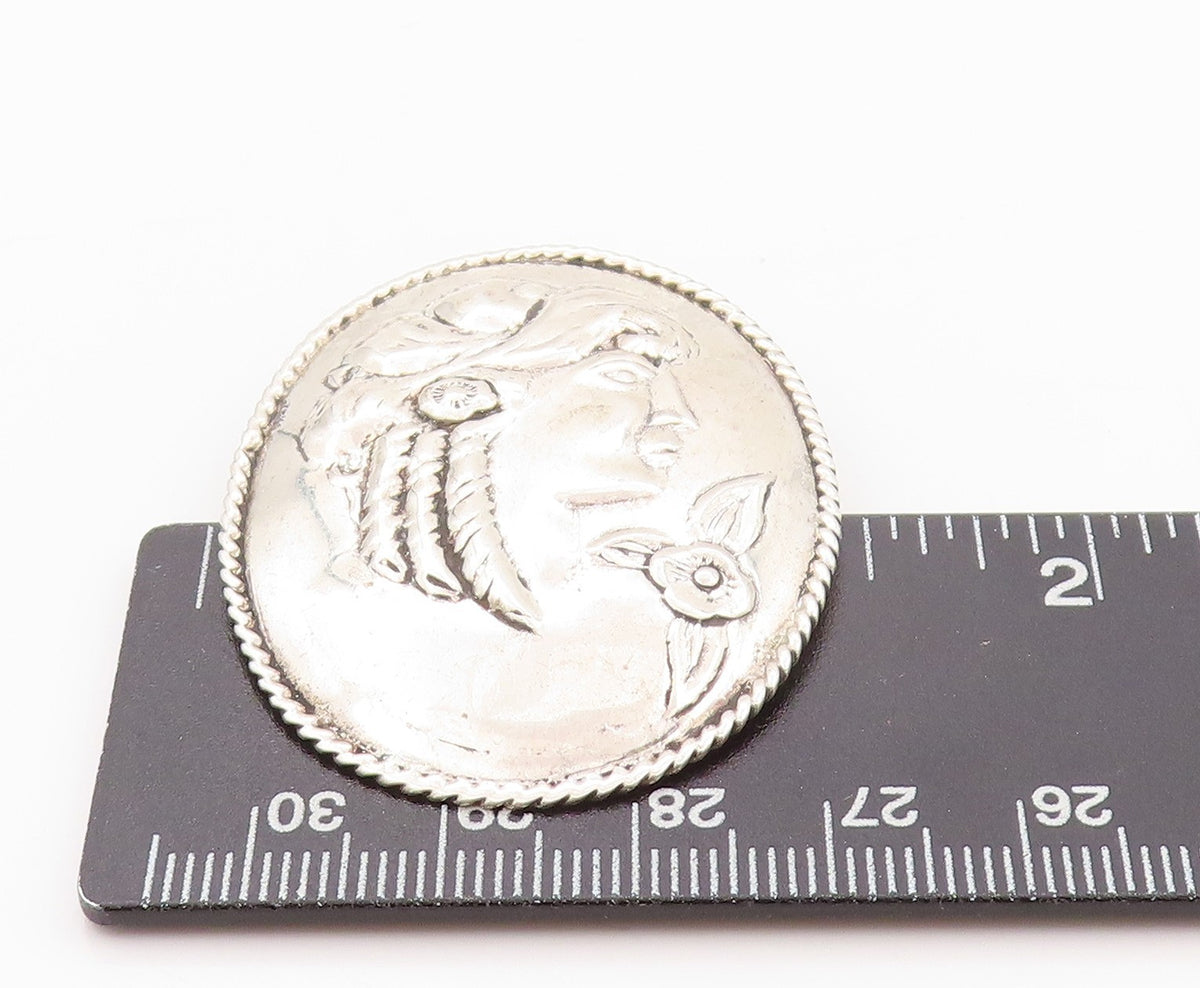 925 Sterling Silver Vintage Brooch Pin Etched Royal Female Figure  BP11590