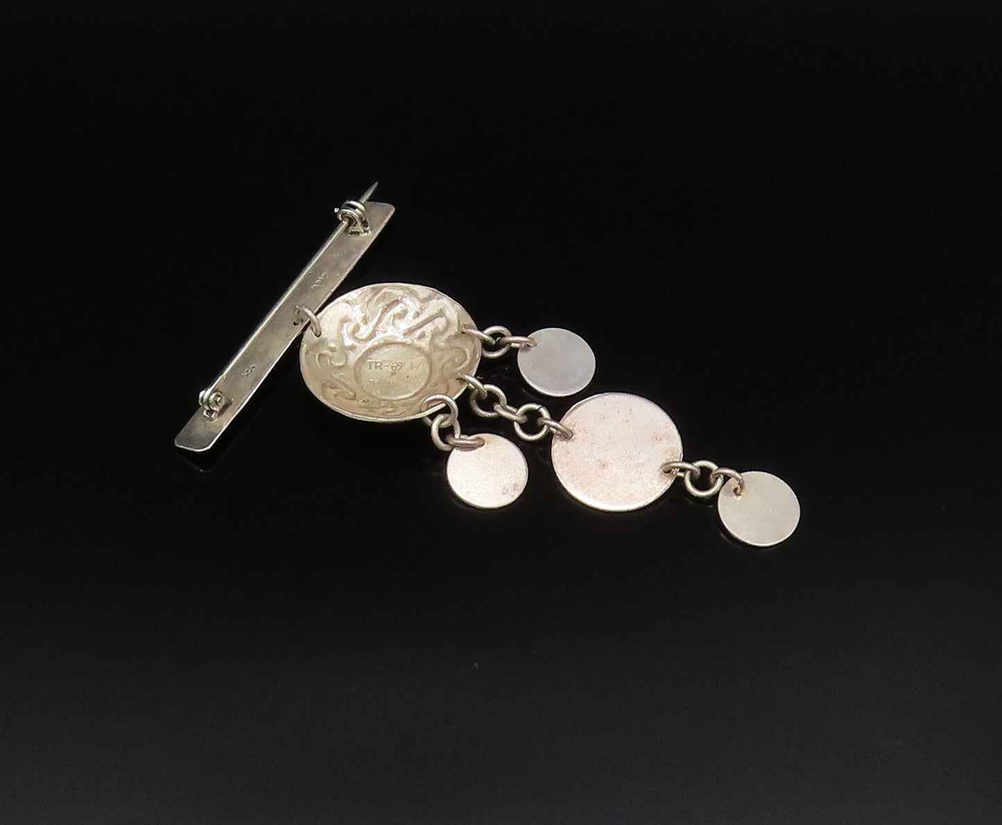 MEXICO 925 Silver  Vintage Swirl Dome Coin Chain Dangle Brooch Pin  BP9894