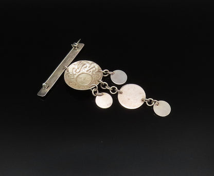 MEXICO 925 Silver  Vintage Swirl Dome Coin Chain Dangle Brooch Pin  BP9894