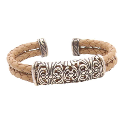 ESPO SIG 925 Silver  Vintage Brass Scroll Detail Leather Cuff Bracelet  BT9391