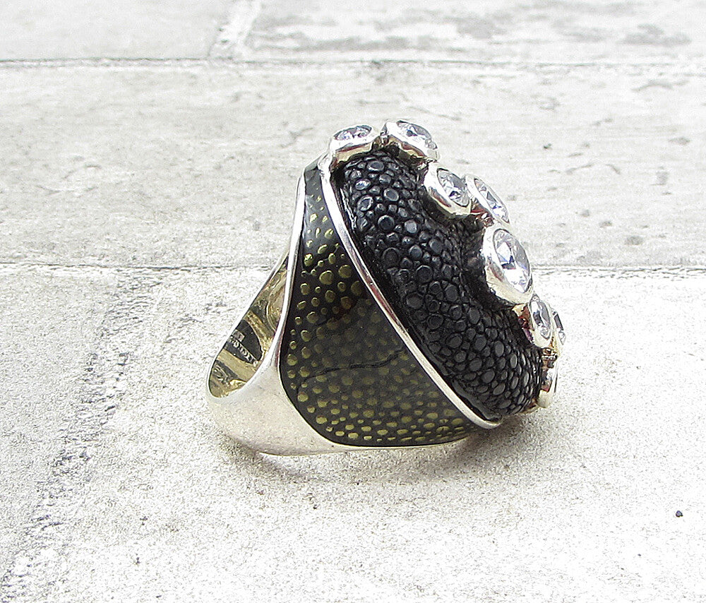 925 Sterling Silver Topaz Pattern Oval Crocodile Skin Leather Ring Sz 8.5 RG1657