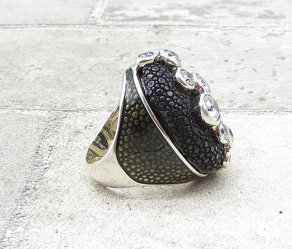 925 Sterling Silver Topaz Pattern Oval Crocodile Skin Leather Ring Sz 8.5 RG1657