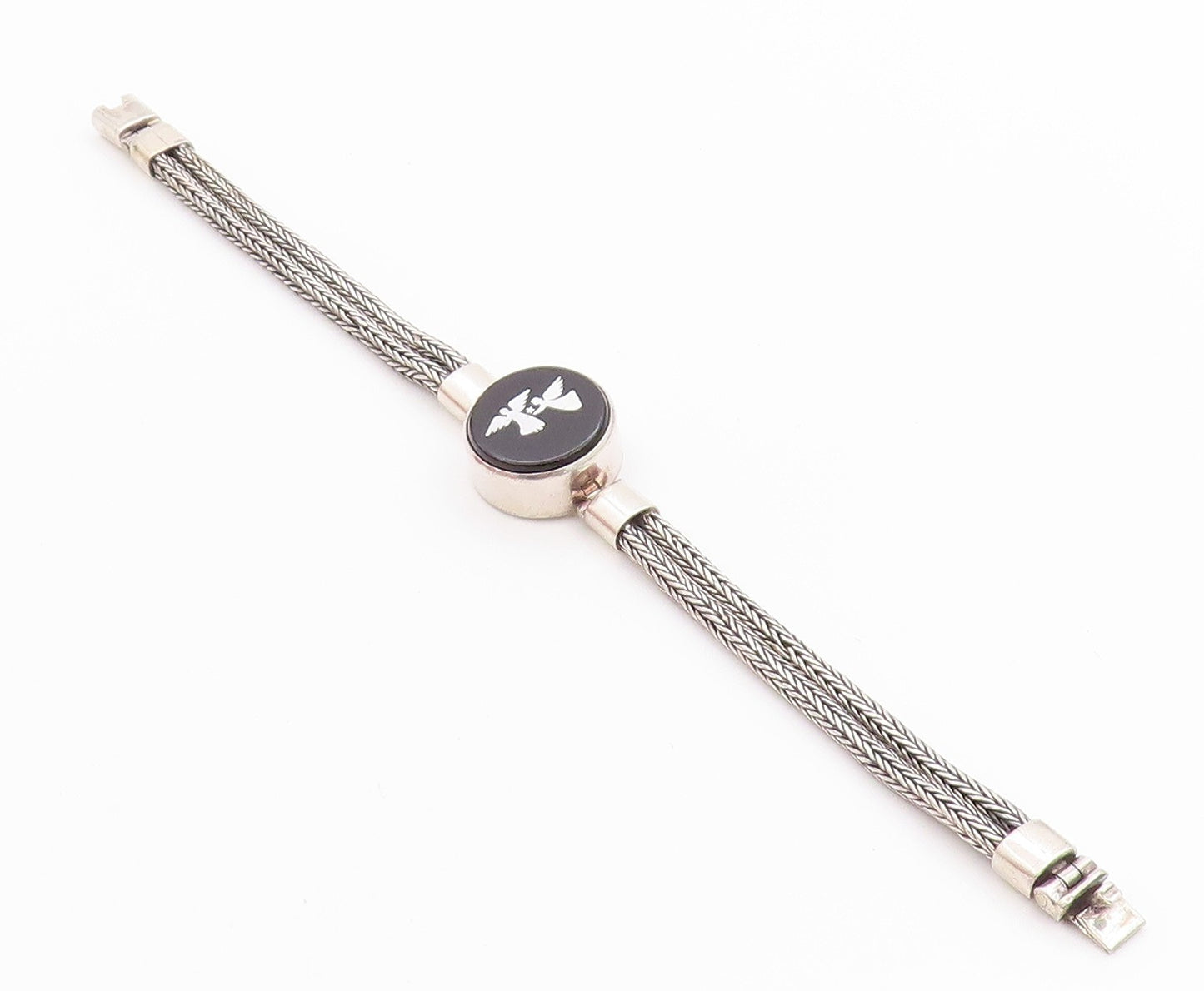 925 Sterling Silver Vintage Bracelet Enameled Flying Angels Roped Band  BT11307
