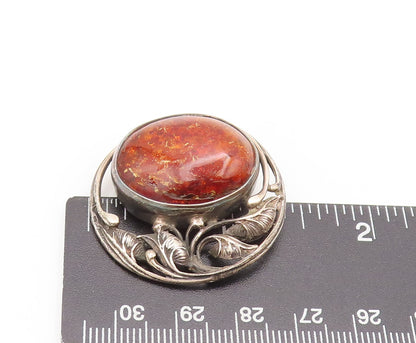 925 Silver  Vintage Swirly Cutout Leaf & Large Amber Round Brooch Pin  BP10515