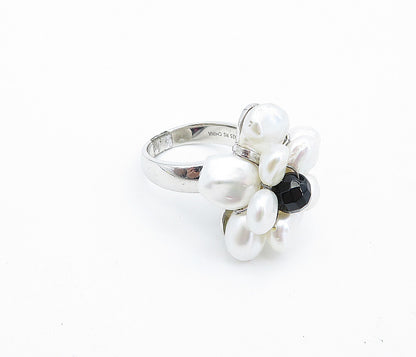 925 Sterling Silver  Pearls & Black Sapphire Flower Cocktail Ring Sz 6  RG4737