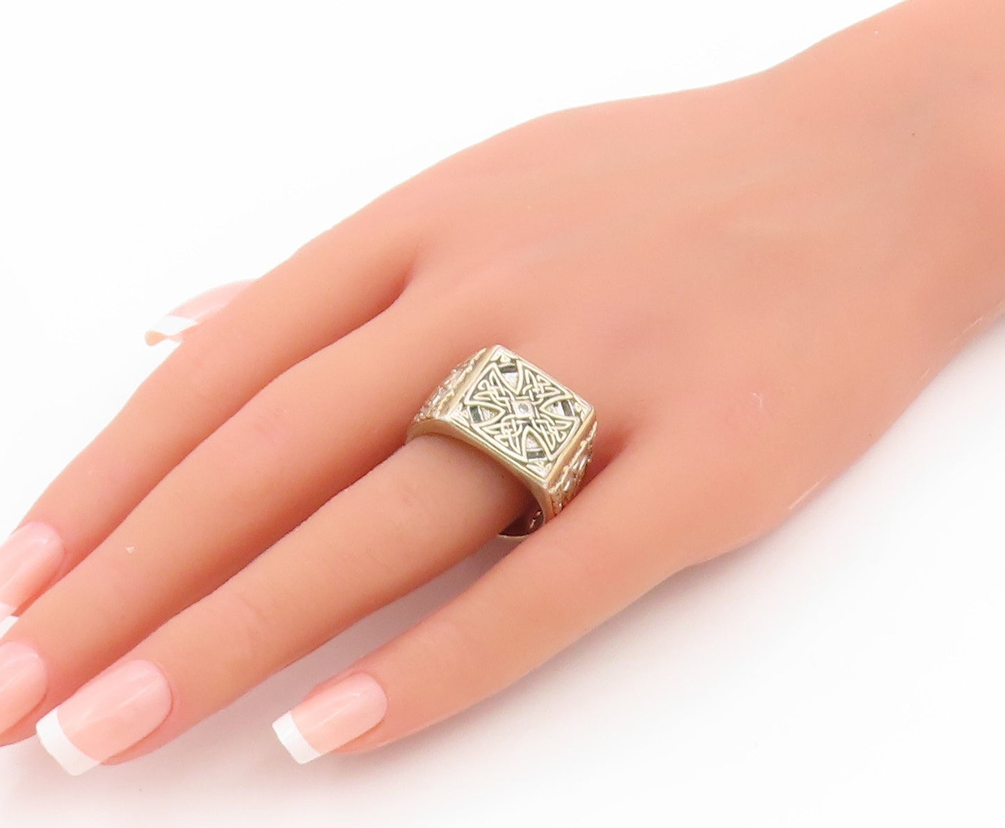 925 Sterling Silver Vintage Ring CHINESE EXPORT Real Diamond Cross Sz 11 RG34751
