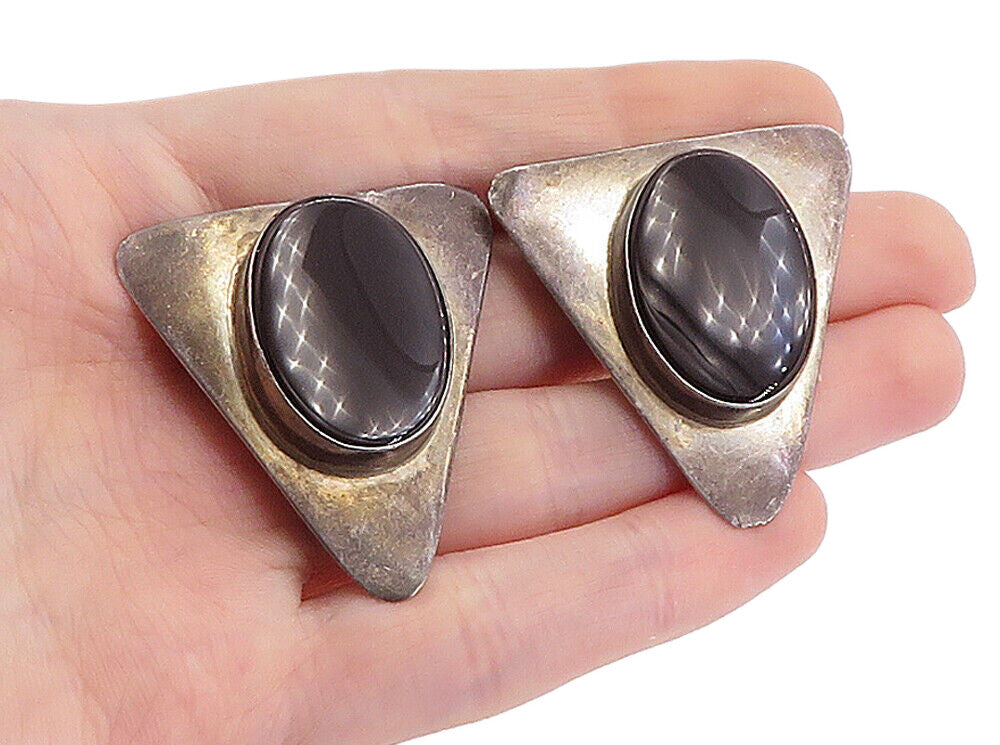 925 Sterling Silver  Vintage Black Onyx Triangle Non Pierce Earrings  EG2666