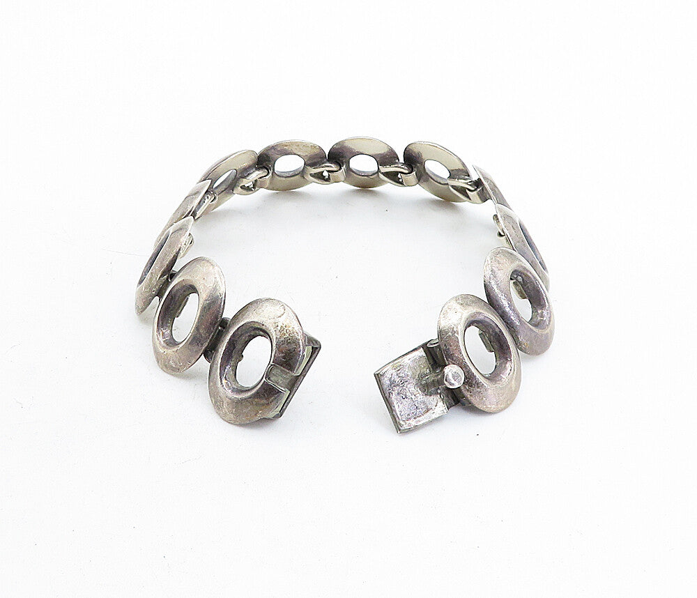 MEXICO 925 Sterling Silver  Vintage Dark Tone Open Oval Chain Bracelet  BT1944