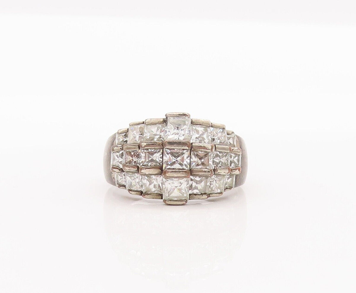 925 Sterling Silver Vintage Ring Square Cut CZ Beaded Bands  Sz 8.5  RG28468