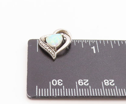 925 Sterling Silver Vintage Pendant Real Diamonds & Fire Opal Love Heart PT26100