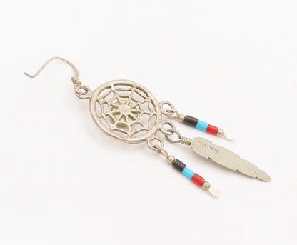 925 Silver Vintage Solid Dangling Multi Stones Dream Catcher Earrings EG12535